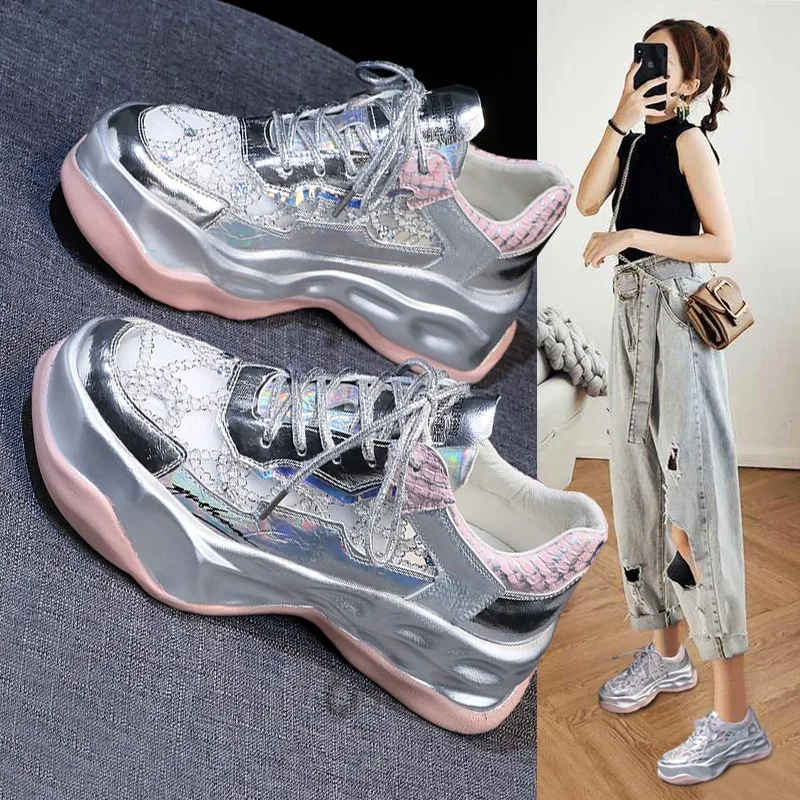 

2021 Women Casual Shoes Mesh Sneakers Ladies Platform Flats Chunky Shoes Luxury Brand Breathable Comfortable Female Shoes, Silver,gold,pink