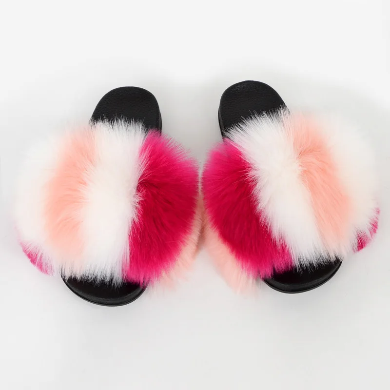 

Cute Colorful Soft faux fur slides Wholesale custom Fluffy fake fox fur raccoon fur slippers, As pictures or customized