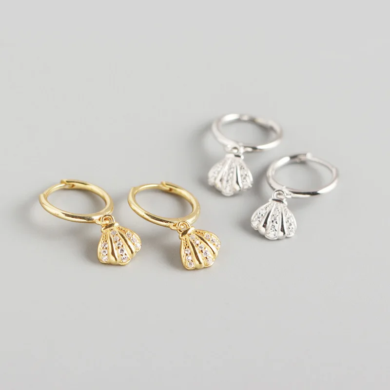 

European Beach Style 925 Sterling Silver Diamond Paved Seashell Drop Earrings 18K Gold Plated CZ Shell Dangle Earrings