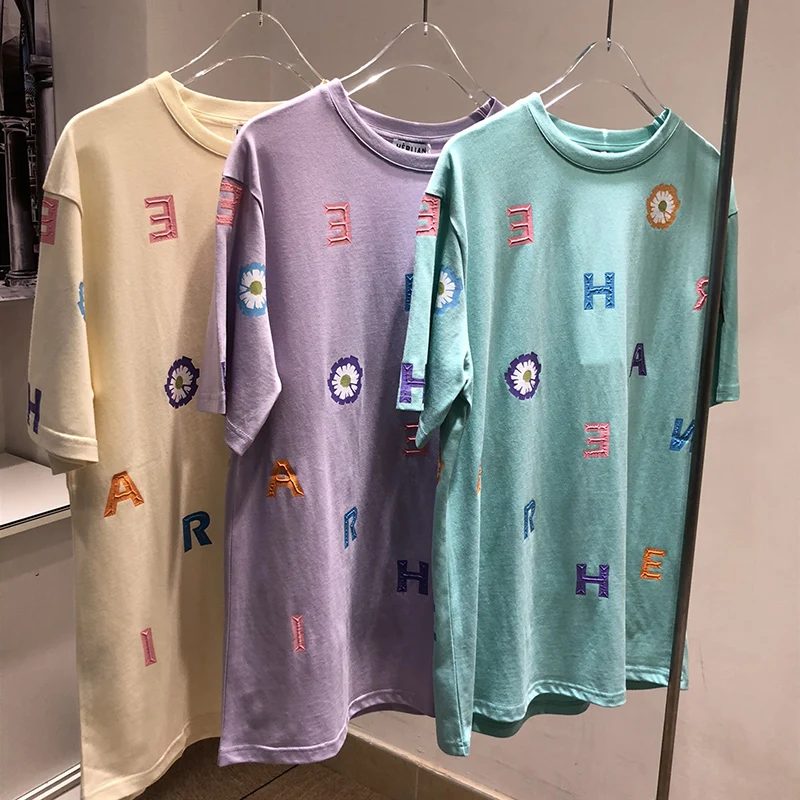 

2021 summer new arrival print loose casual short sleeve crew neck women's cotton T-shirt tops, Green/yellow/purple