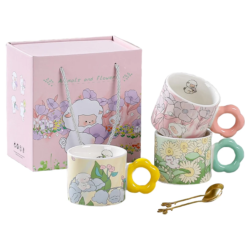 

Breakfast Water Cups With Scale Cute Floral Pattern Ceramic Mugs Cover Spoon Gift Box For Girls Kids Gift