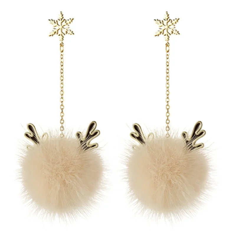 

Fashion Snowflake Elk Bowknot Pompom Stud Earring Long Fluffy Dangle Round Faux Fur Ball Drop Earrings For Girls