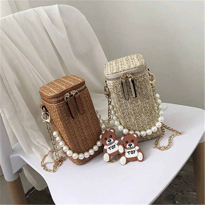 

Women New Straw Bag Holiday Leisure Pearl Woven Beach Bag Retro Female Bag makeup Phone Crossbody, Multicolor