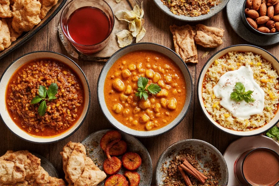 Various global dishes featuring cinnamon as a key spice ingredient including Moroccan tagine, Indian chai, and Mexican hot chocolate