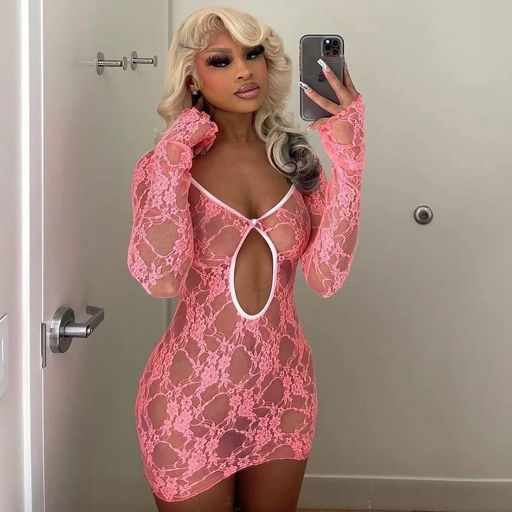 

Women 2022 Fall New Style Lace Hollow Out Waist See-through Long-sleeved Sexy Dress