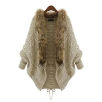 

Women Elegant Faux Fur Collar Twist Sweater Coat Batwing Sleeve Casual Shawl Cape Outwear Knitted Cardigan