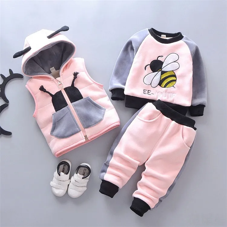 

1-4 Yrs Velvet Girls 3 Pcs Winter Clothing Bee Print Animal Vest+Long Sleeve Hooded Top+Pants Kids Clothes Sets Children Wear, Pink/black