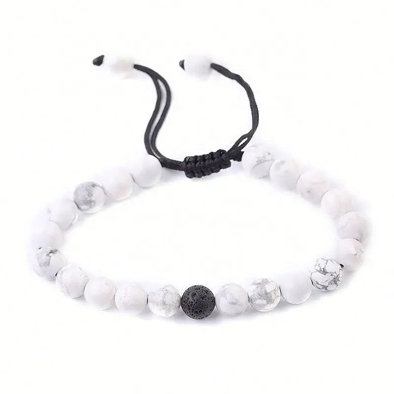 

8mm White Turquoise Volcanic Stone Bracelet Adjustable Unisex Braided Bracelet, Black/ white