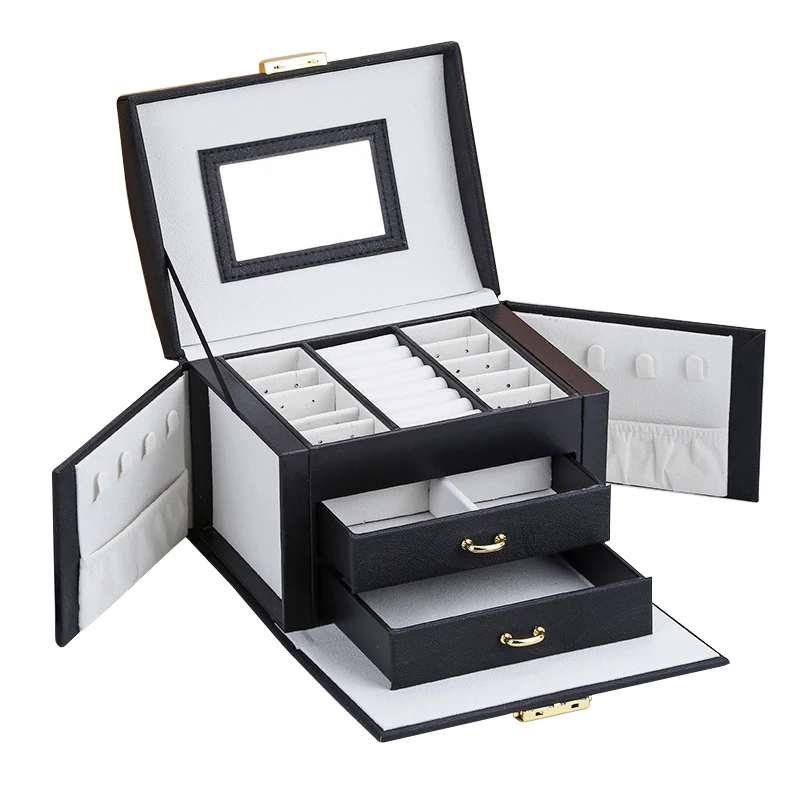

wholesale earring Ring Necklace Girls With lock black jewelry box Organizer velvet PU leather jewelry Organizer