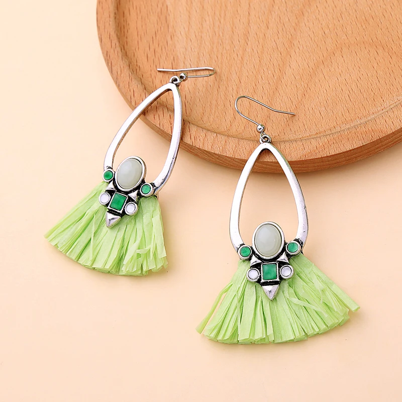 

ed01748c Light Green Raffia Tassel Retro Silver-plated Earring Jewelry Hot 2020 Raffia Tassel Earrings, Gold