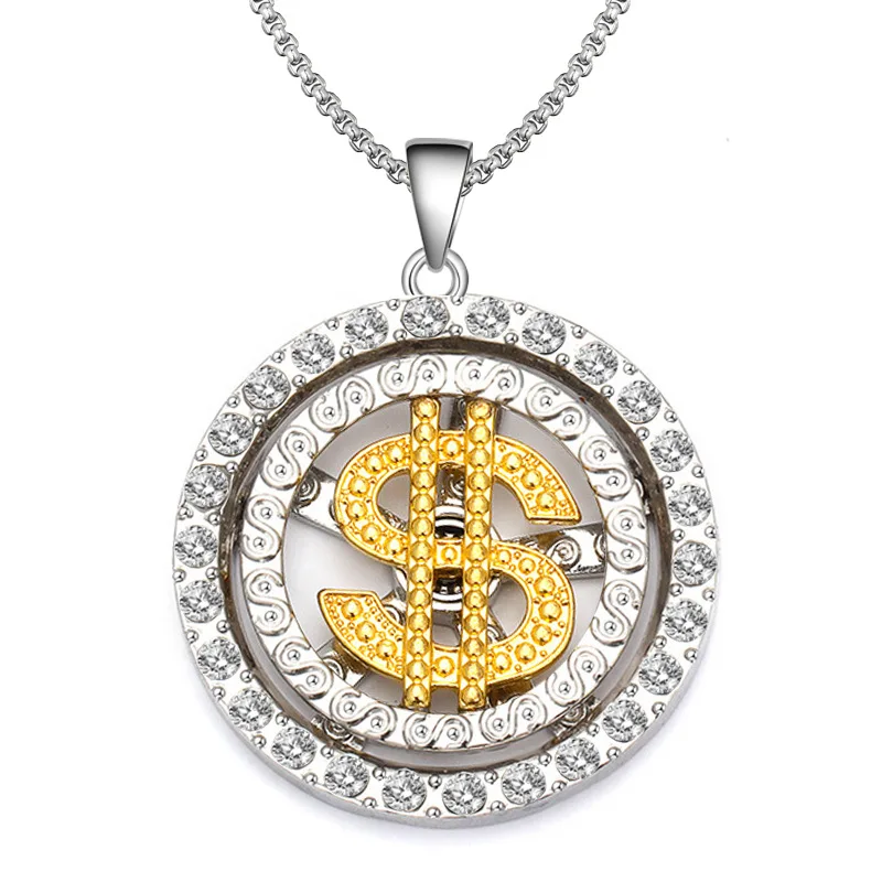 

Hip-hop Style Gold Silver Plated Chain Rotatable Dollar Sign Pendant Necklaces, As pic