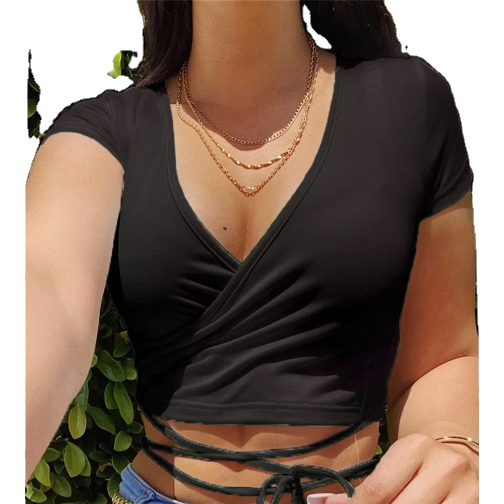 

2022 best selling wholesale sexy tshirts tie up blouse for women 2021 crop top tshirt