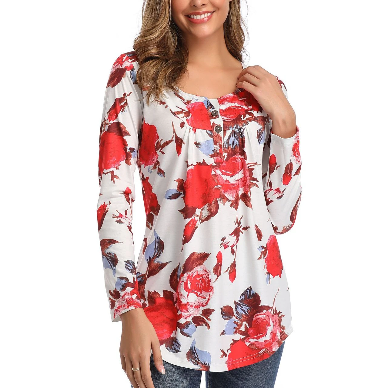 

Ladies 2021 Autumn Chiffon Casual Crew Neck Tees Loose Fit Floral Print Tops Fashion T Shirts for Women, Customized colors