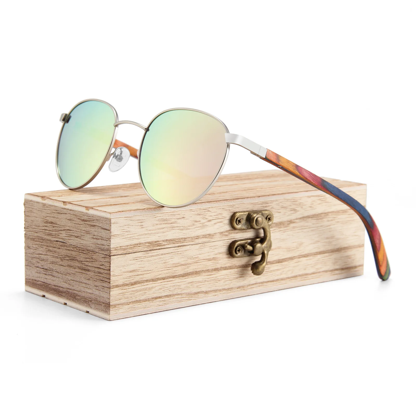 

Wholesale custom logo TAC Polarized wooden frame round metal sunglasses men polarized, Custom colors