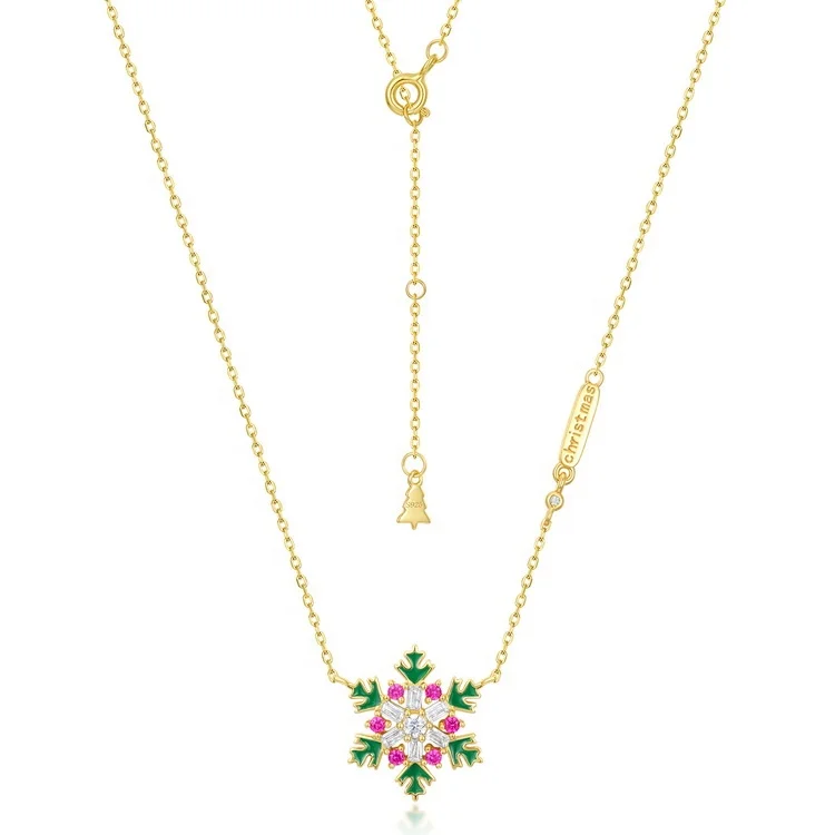 

Fine Jewelry New Arrival Christmas Necklace Trendy Gold Plating Enamel Red Corundum Winter Snowflake Necklace