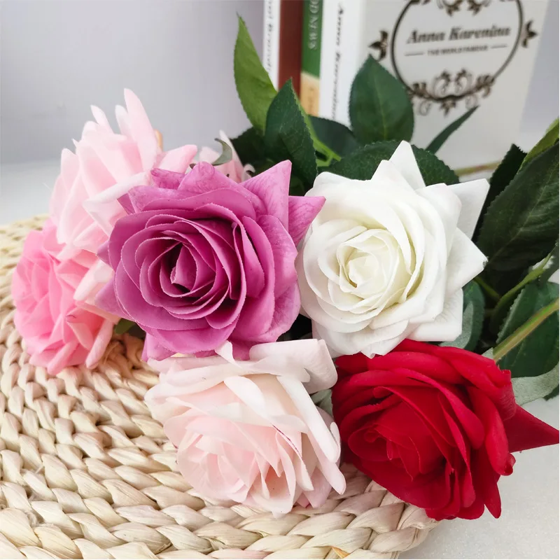 

Home Office Tabletop Vase Decoration Colorful Artificial Roses Flowers Bulk Silk Roses Bouquet