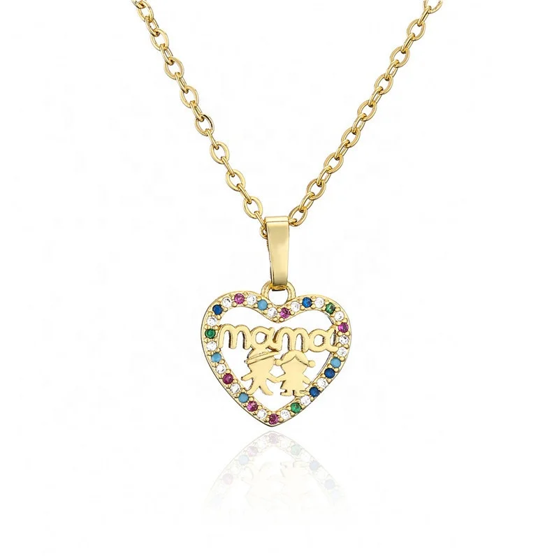 

2022 Mother's Day Link Chain Love Heart Boys Girls Necklace Gold Plating Colorful CZ Zirconia Floral Pendant Jewelry