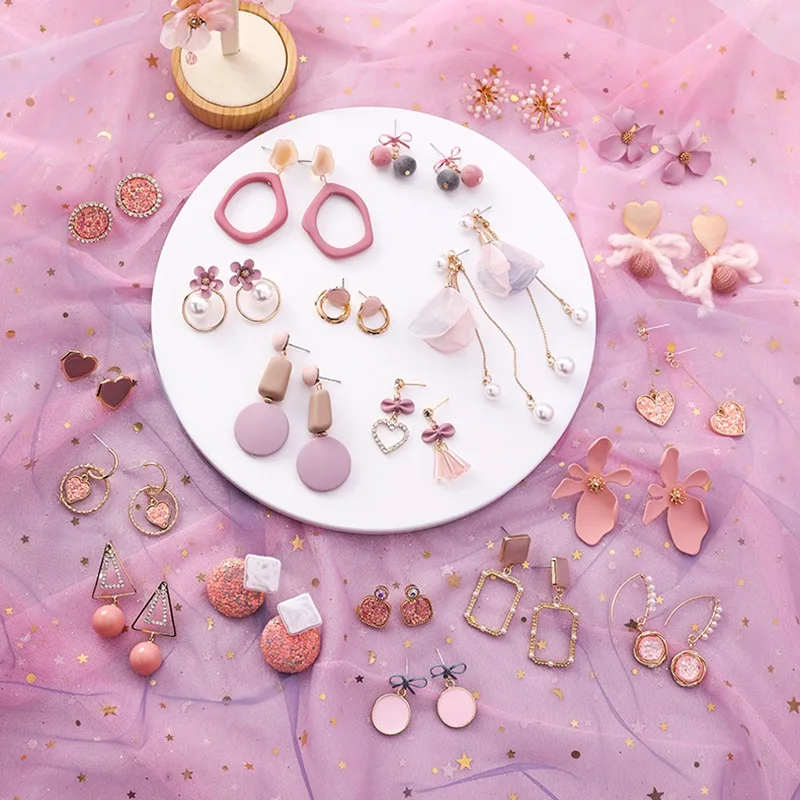 

2020 Pink Earrings Korean Flower Sweet Geometric Earring Simulated Pearl pendientes mujer For Women Tassel Ear Jewelry brincos