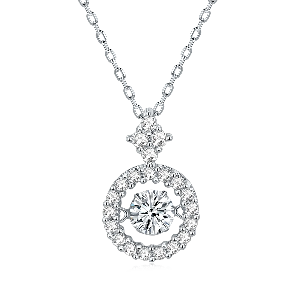 

Brilliant Moissanite Round Shape Pendant Swing Design Sterling Silver Necklace