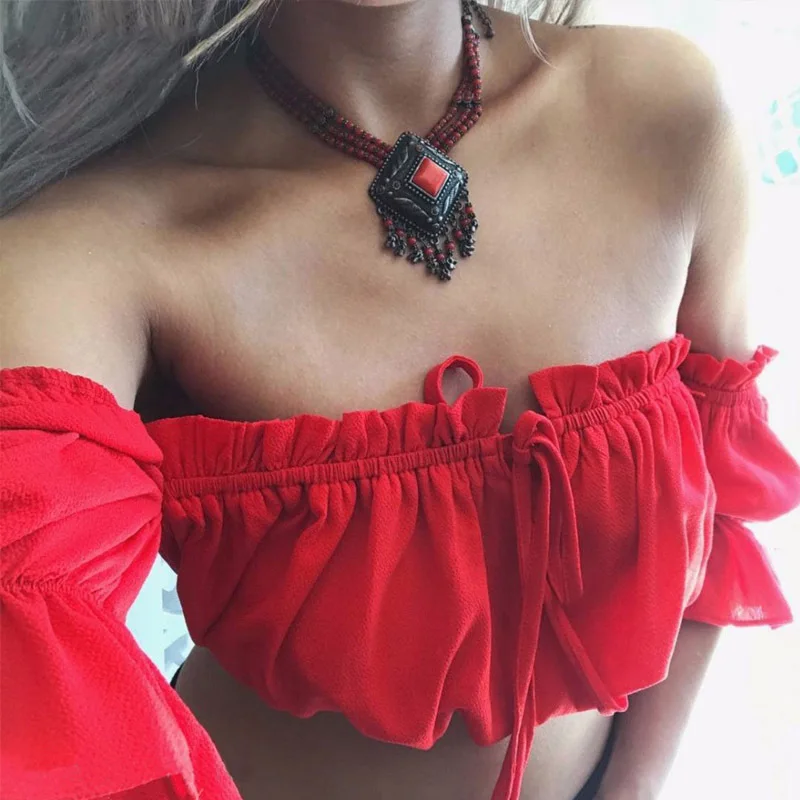 

WW-1170 Sexy Off-the-shoulder Lantern Sleeve Hem T-shirts Bertha Sexy Womens Pleated Offshoulder Tops, Customized color