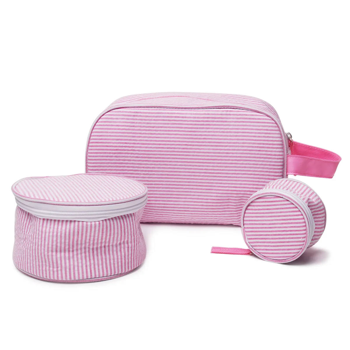 

Seersucker Cosmetic Bags Set 3pcs in One Stripe Makeup Bag Round Jewelry Collection Case Women Toiletry Handbag DOMIL1061566