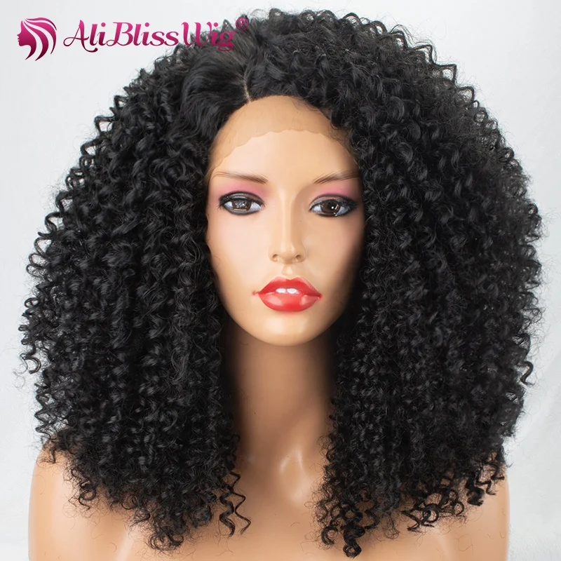 

Aliblisswig Natural Looking Free Parting Wigs Long Kinky Curly Style Jet Black Cheap Synthetic Lace Front Wigs For Black Women