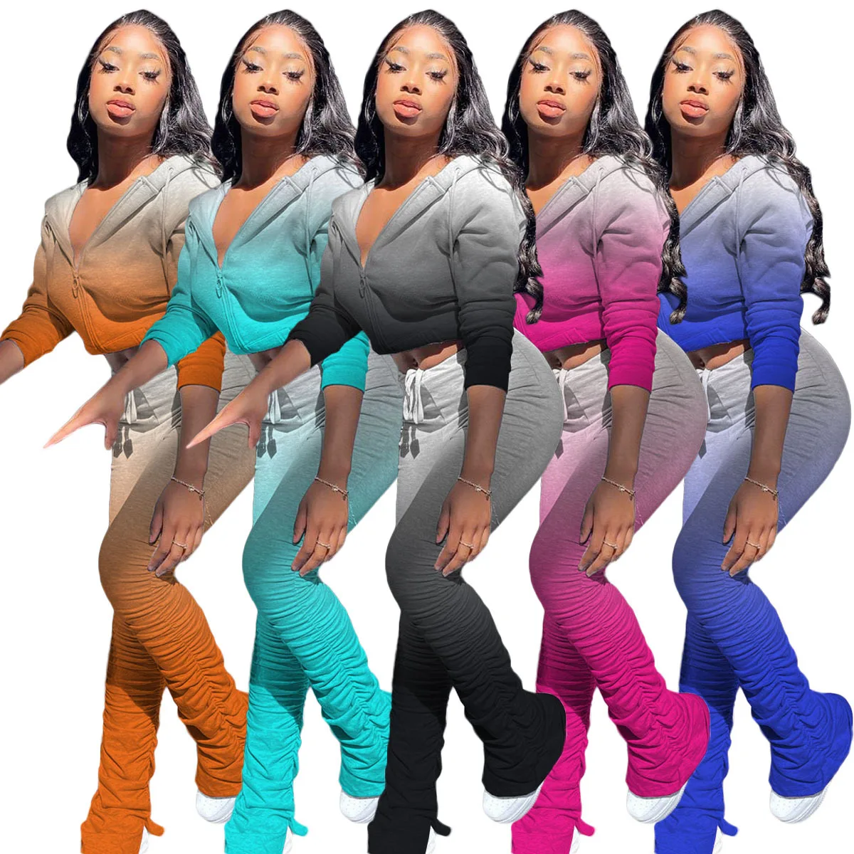 

2021 European and American fashion women's sweater gradient pleated split Hoodie sports suit 2 pc sets ladies