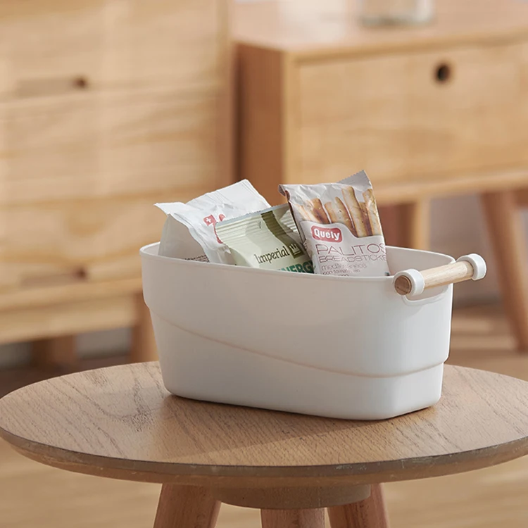 

High quality plastic storage basket storage box with wood handle, White