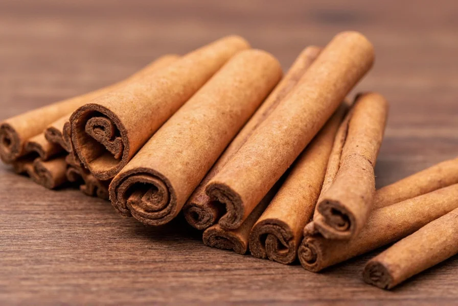 Assorted spices including cinnamon on a wooden table