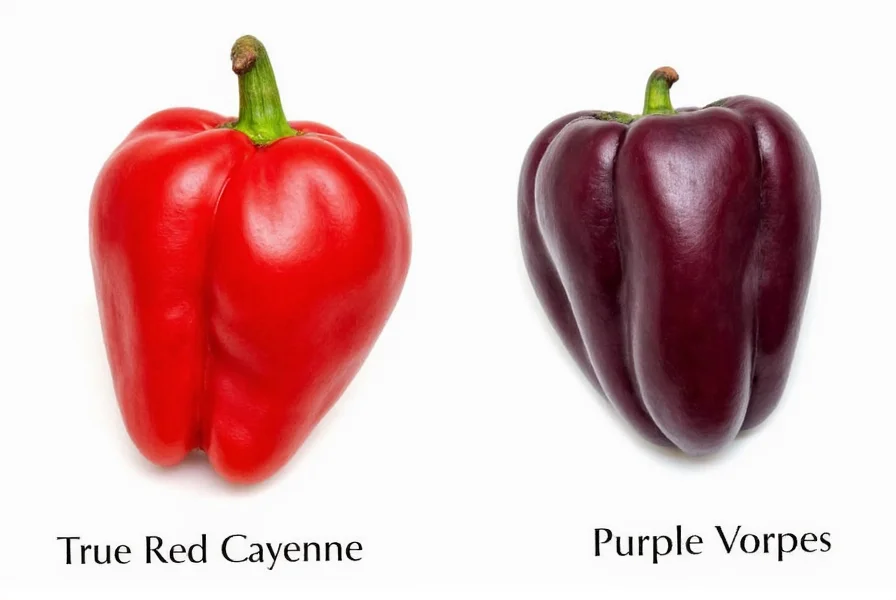Side-by-side comparison of true red cayenne peppers and purple pepper varieties showing visual differences in shape and color