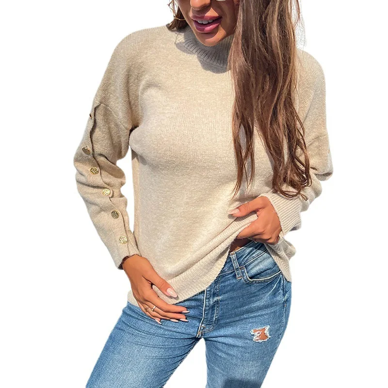 

2021 autumn and winter new hot selling Turtleneck long sleeve button knitted sweater casual loose women's Pullover Sweater