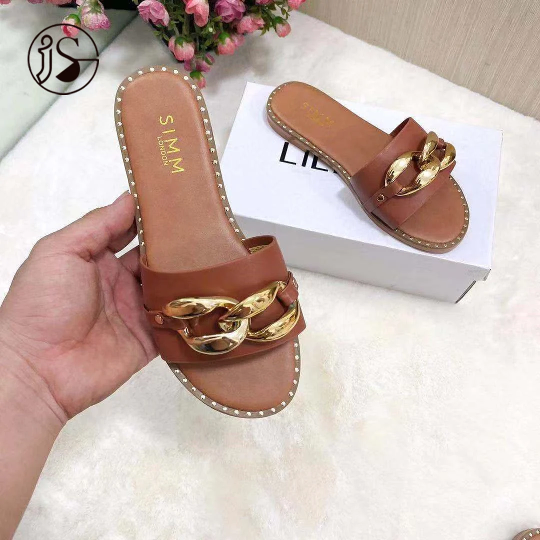 

The new trend of summer ladies flat slippers Metal double button ladies fashion sandals Ladies fashion slippers Women slides, Picture