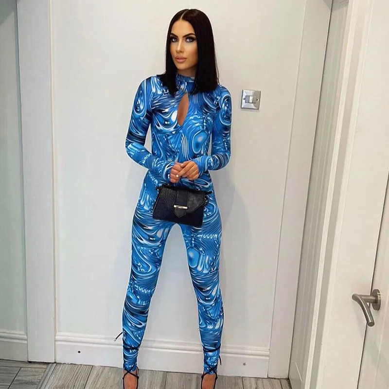 

Hot Sale Tie Dye Whirlpool Open Back Long Sleeved Skinny Trousers Jumpsuit