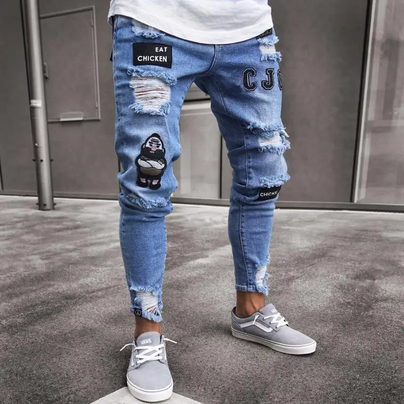 

2021 Mens Clothes badge men's jeans knee hole zipper Leggings Biker White Jeans Slim Trousers men's trousers pants jeans