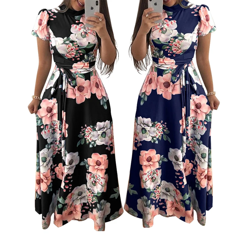 

Hot Sale Short Sleeve Floral Summer Holiday Beach Maxi Casual Dress