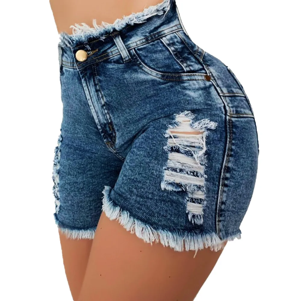 

GX013 Summer Blue Jeans Ladies Tassels High Waist Women Ripped Denim Shorts, Picture