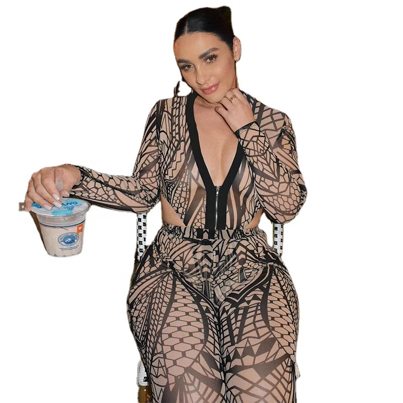 

2021 Long Sleeve Print Sexy Mesh Bodysuit Set Women Clothing Two Piece Sets