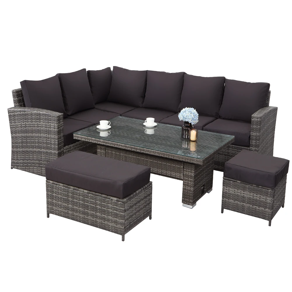 Rattan Corner Sofa With Rising Table Bench And Stool Backyard Set Flat Pe Outdoor Furniture