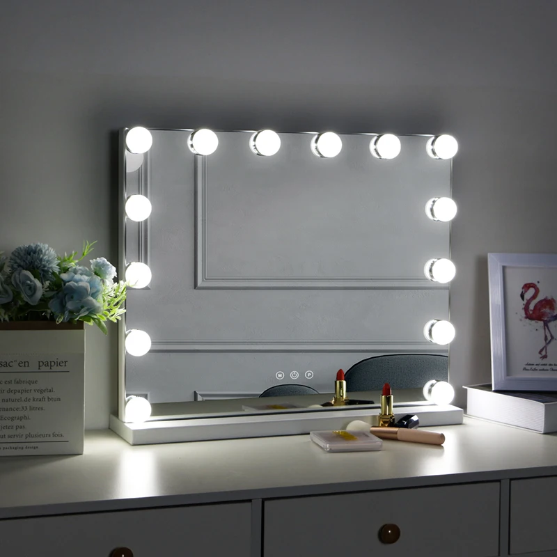 

Amazon Top sale 14 bulbs holywood mirror cosmetic Hollywood vanity with led light makeup mirror, White black