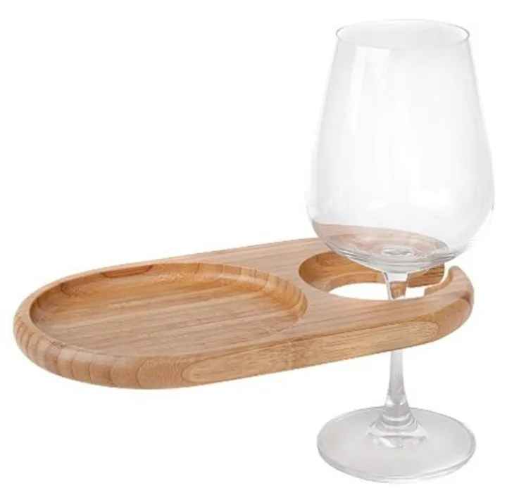 

Natural Bamboo Wood Mini-Oval Serving Tray Plate with Built-in Stemware Drink Holder, Natural,carbonized