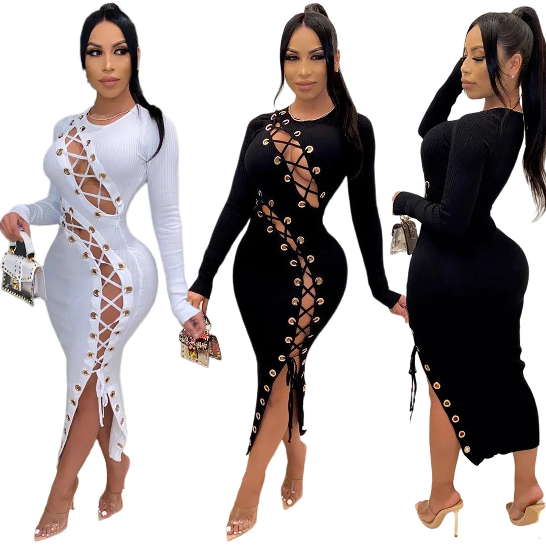 

ZM BYS437 New Trendy Long Sleeve Sexy Dress Women lady elegant Solid Color Clothes Women Hollow Out Bandage Women Party Dresses, White,black