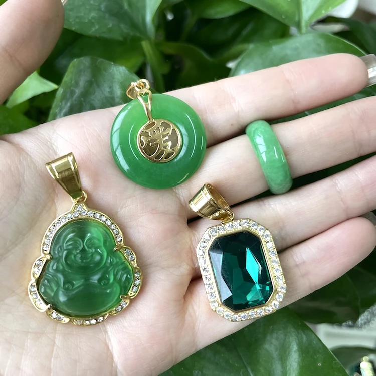 

Jialin INS natural cat eye stone jade set blue green white big gem stone stainless steel buddha necklace set, Picture shows