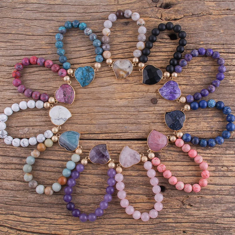 10MM Lover Valentine Natural Stone Imperial Bracelet Gemstone Elastic Stretch Heart Beads Bracelet