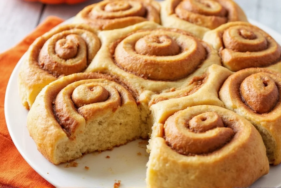 Perfectly cut pumpkin spice cinnamon rolls arranged in baking pan before rising with visible spice swirls