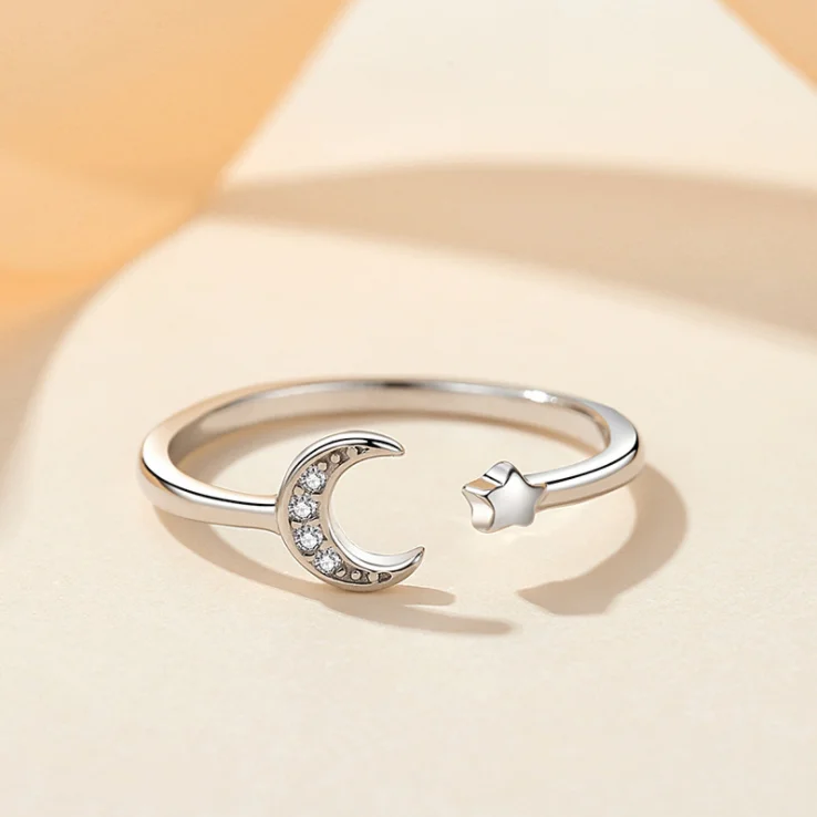 

High Quality Personality Ring S925 Sterling Silver Adjustable Open Moon Star Girls Women Jewelry Ring