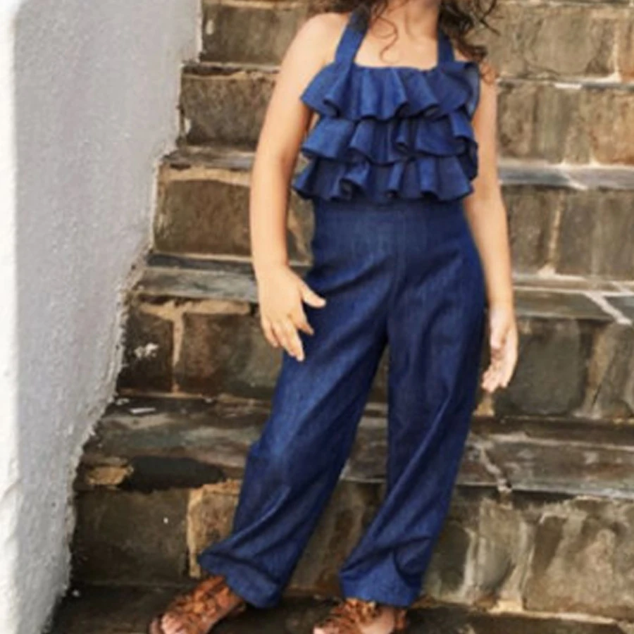 

B53149A Western style little girls fashion new hot sale denim jumpsuit, Blue