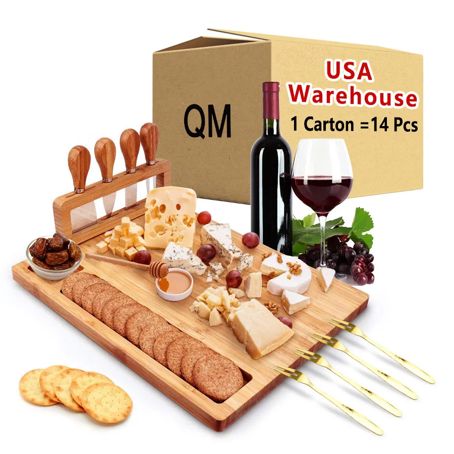 

Wholesale USA Warehouse Free Shipping Eco Friendly Charcuterie Boards Bamboo Cheese Cutting Board With Knife Set And Cutlery