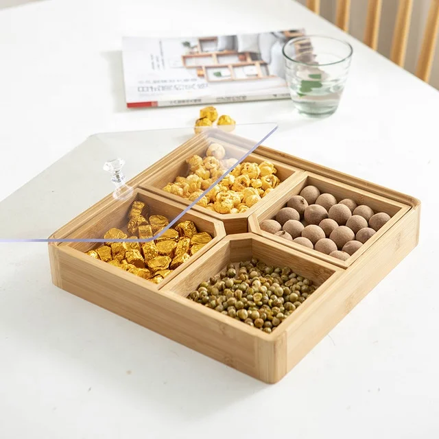 

4 compartments round cheap dry fruit tray bamboo wooden divider snack serving plates set with acrylic cover