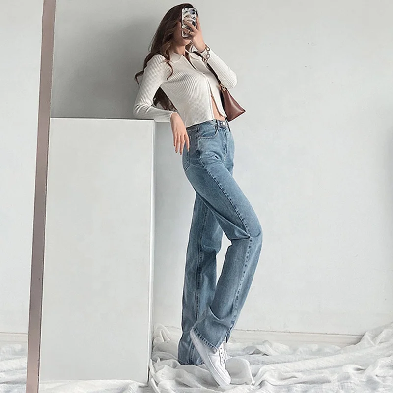 

Highwaisted Jeans Split Hem Straight Loose Plaid Denim Pants Female 2021 New Trendy Ladies Jean Trousers Female, Black/dark blue/light blue