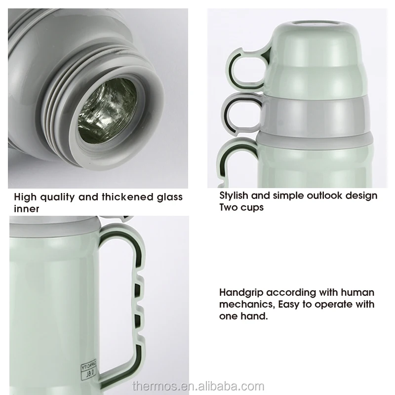 Double Cups New Design Plastic Body Glass Refill Thermos Flask Stocked